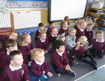 Nursery children visit Primary 1 and Mrs Boyle