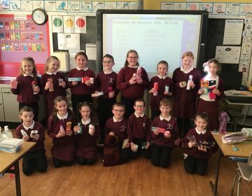 Primary 5 with their items for the Road of Hope Appeal