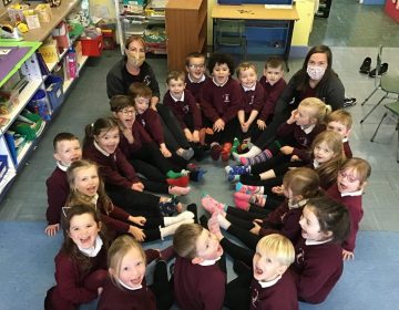 Primary 1/2 show off their colourful odd socks!