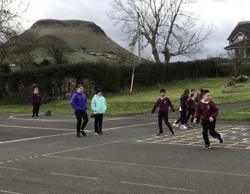 Primary Six and Seven enjoy being together again at lunchtime and doing their ‘Daily Mile’,